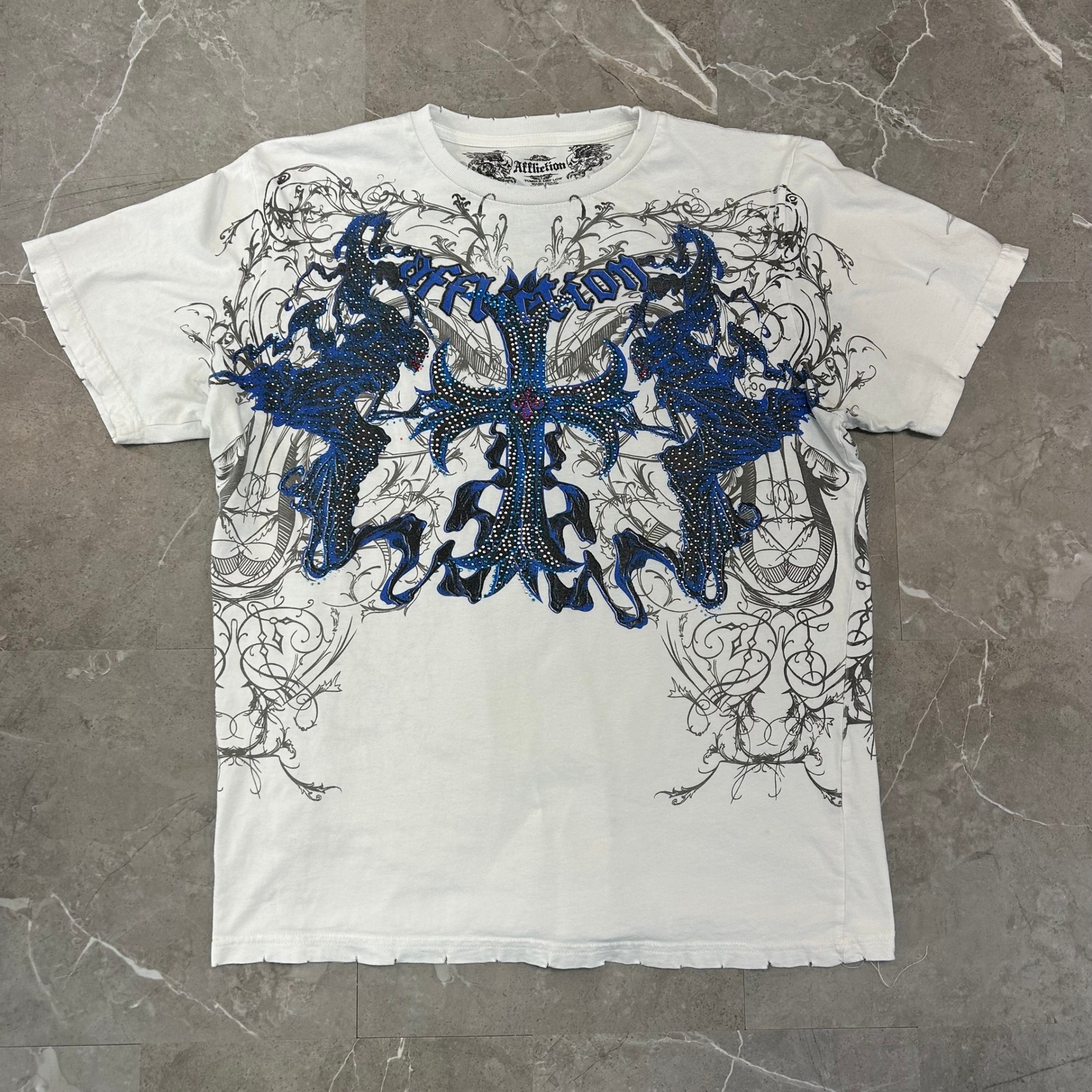 Affliction Graphic Tee Mens Large Embellished Cross Jesse Pinkman Short Sleeve